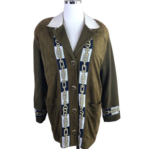 Torras Spain Vintage 80s Jacket Green Suede Gold Navy Knit Chain Link - Picture 1 of 14